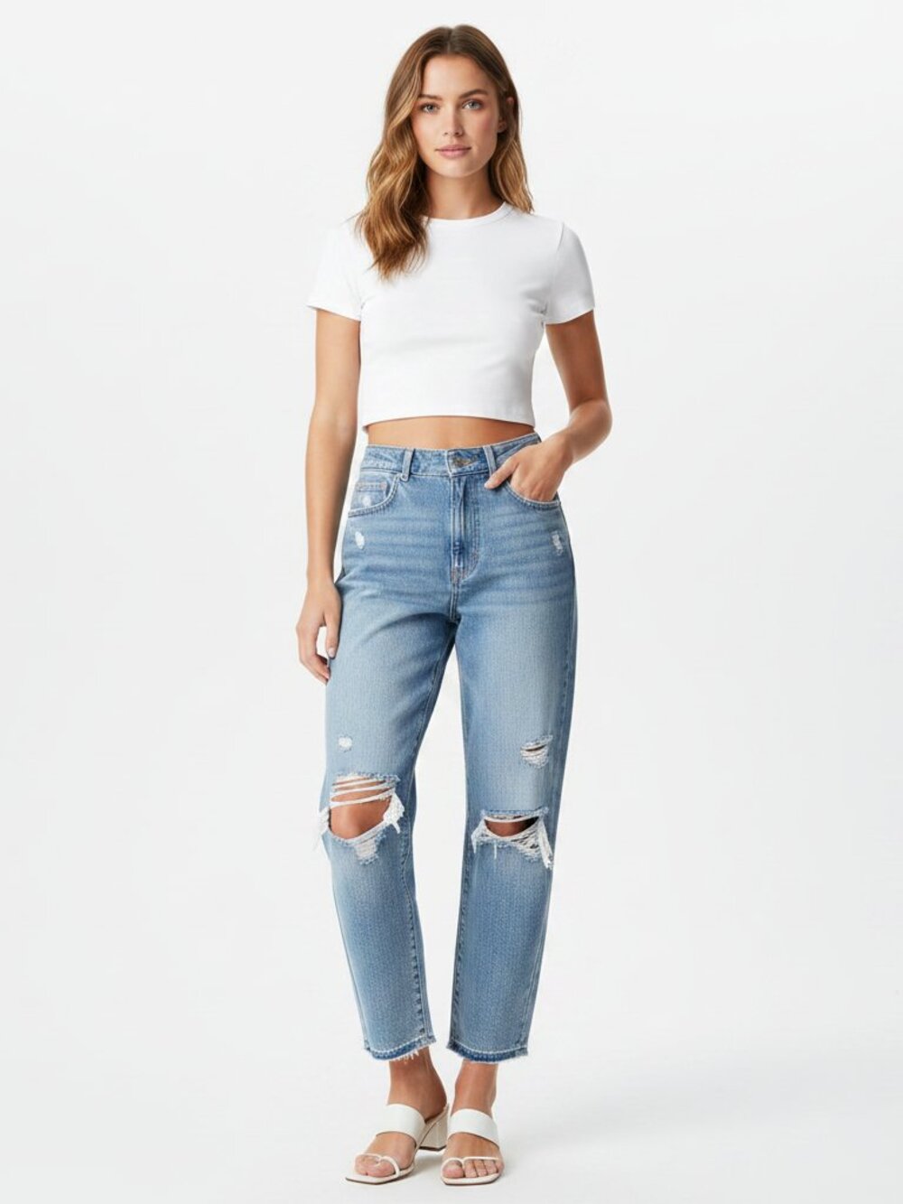 Express Blue Super High Rise Straight Ripped Jeans 0